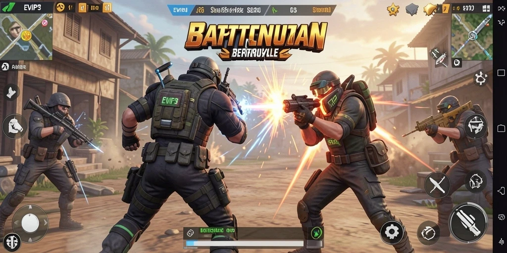 Gambar gameplay EVIP3 dengan aksi mendebarkan di medan perang Battle Royale.