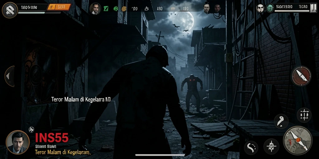 Screenshot gameplay INS55 menunjukkan momen mencekam di kegelapan.