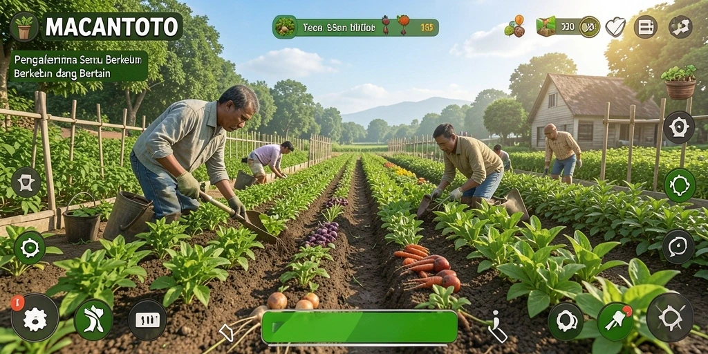Screenshot gameplay <strong>MACANTOTO</strong> menampilkan kebun yang subur dan berwarna-warni.