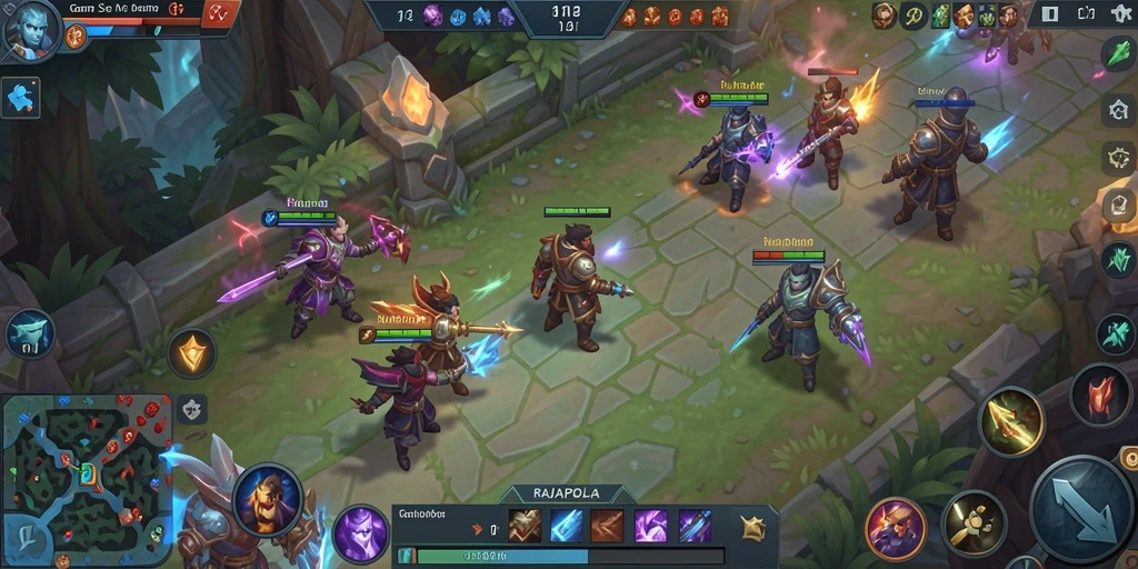 Screenshot utama RAJAPOLA menunjukkan aksi gameplay MOBA yang seru.