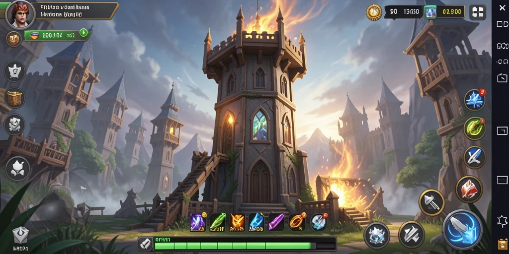 Tampilan menarik dari aksi menara dalam permainan Tower Defense.