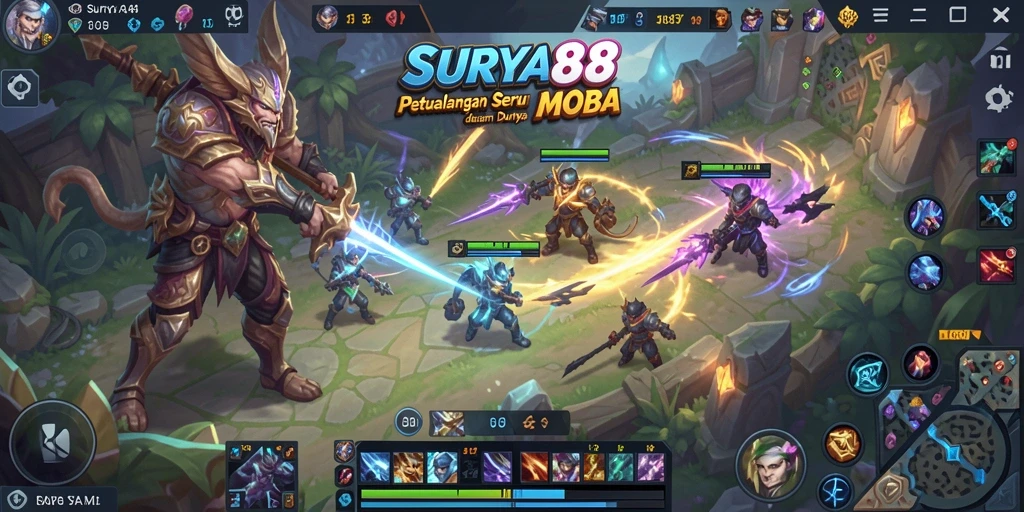 Tampilan gameplay epik dalam <strong>SURYA88</strong> di arena pertempuran MOBA.