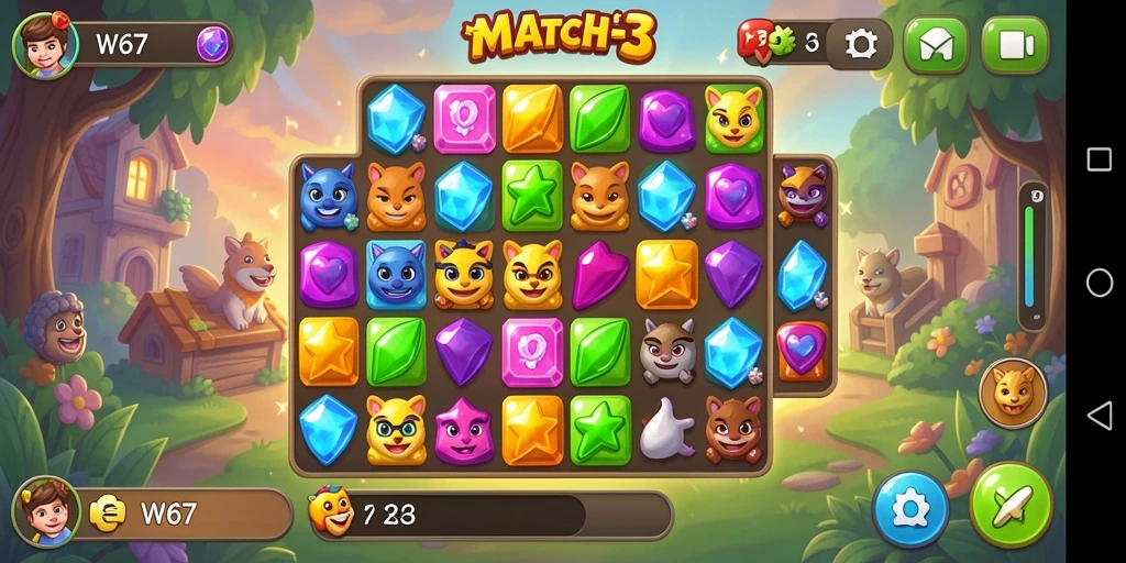 Tampilan gameplay W67 yang menampilkan kombinasi permata berwarna.